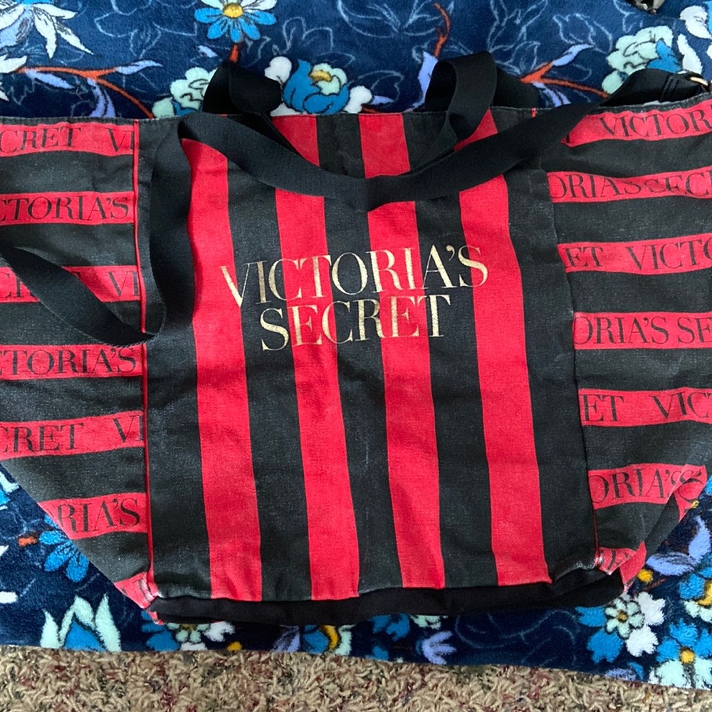 Victoria's Secret Red and Black Large Striped Logo Tote